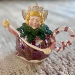 Department 56 Sugar Plum Fairy Christmas Teapot Candy Cane/Holly Handle Vintage